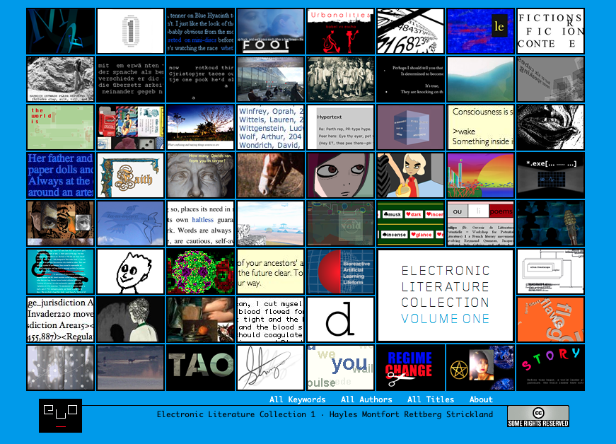 Page d'accueil de l'Electronic Literature Collection 1, avec les images de chaque œuvre. 